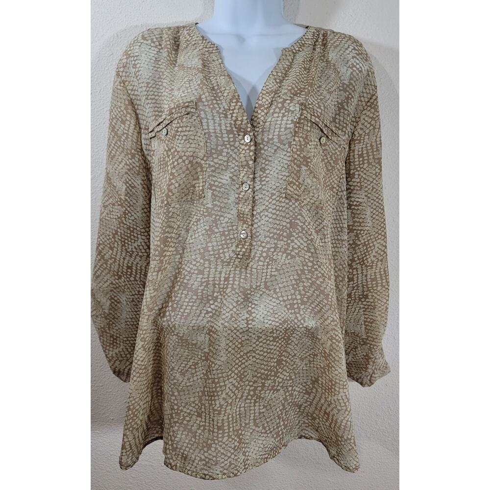 Apt 9 Brown Tan Animal Print Sheer 3 Button Henley Top XL Lightweight Soft Flowy